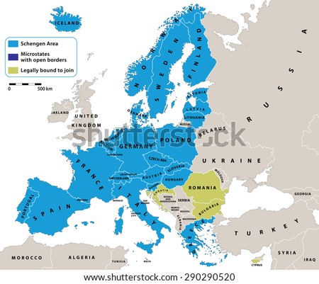 Schengen Area on Europe political map. All data are in layers for easy editing vector map. Background for your infographics.