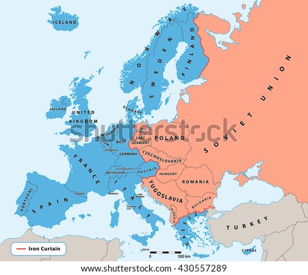 Iron Curtain Cold War era on Europe political map. Divided Europe in years 1945 - 1991. All data are in layers for easy editing vector map. Background for your infographics.