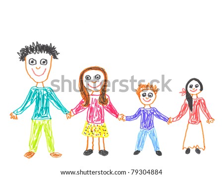 Child'S Drawing Happy Family. Father, Mother, Son And Daughter. Stock ...