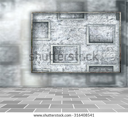 Wall frame. Abstract background wall with relief frames and tiled floor. New trend. Concept for fashion, wall, or Background for studio photography.