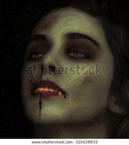 Vampire of young woman with bloody mouth. Oil paint on canvas. The full size see thick brushstrokes. (digital construction).