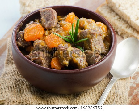 Bowl of beef stew. Selective focus