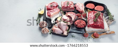 Assortment of raw meats on grey background. Panorama, banner with copy space Foto d'archivio © 