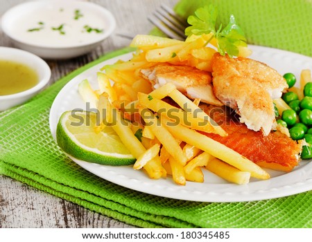 Roasted  fish and chips . Selective focus