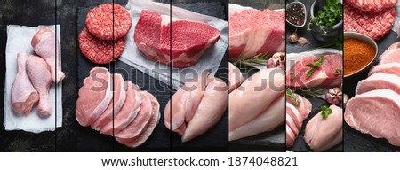 Raw meat collage - beef, pork, lamb, chicken with seasoning . Top view, flat lay Stockfoto © 