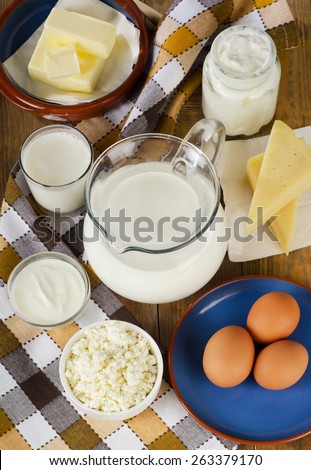 Dairy products on  wooden table. Top view
