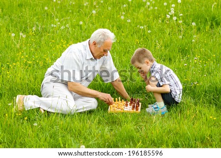 Grandfather and grandson playing chess on the grass in the meadow