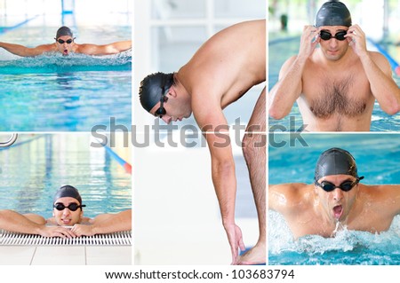 Collage of pictures with male model swimmer in indoor swimming pool