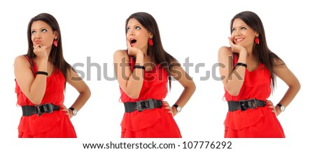 Young brunette girl gesturing with face muscles while posing against white background