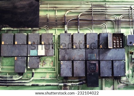 Electrical panel with fuses and contractors in controller room at metallurgical factory