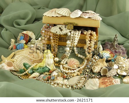 Box full of jewelry treasures in an underwater theme