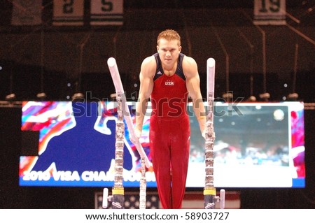 HARTFORD; CT - AUGUST 11: Olympic medalist Jonathan Horton competes on the parallel bars during the first round of competition at the VISA Gymnastics Championships in Hartford, CT, August 11, 2010.