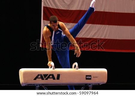 HARTFORD; CT - AUGUST 13: Gymnast Danell Leyva performs on the pommel horse during the men\'s competition at the VISA Gymnastics Championships in Hartford; CT on August 13, 2010.