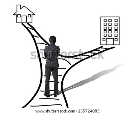 Work and family balance concept rear view of businessman trying to make a choice on family or work