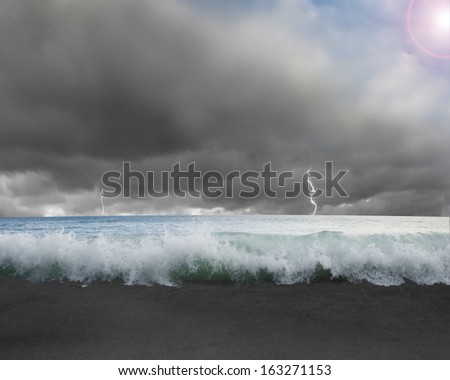 Waves flooded ground with dramatic weather cloudy sky, Lightning, blue sky and sun light