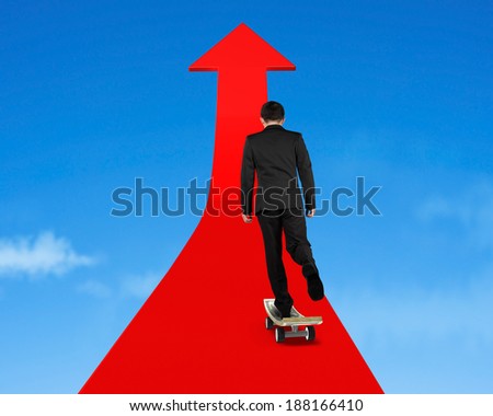 businessman money skateboarding on red arrow in sky