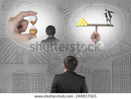 Businessman imagining work situation with doodles concrete wall background