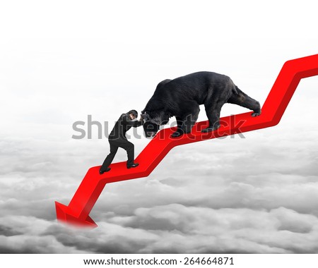 Businessman against black bear on red arrow downward trend line with gray cloudscape background. Fight back bearish market concept.