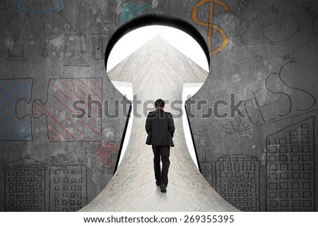 Businessman walking on marble road toward keyhole door with business concept doodles concrete wall background