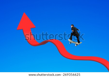 Businessman skateboarding on red arrow up bending trend line with blue background