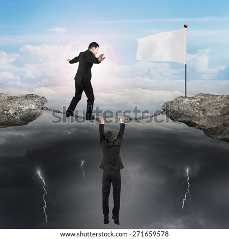 two cliffs and walking toward white flag with opposite weather conditions background, sunny sky cloudscape, dark overcast lightning raining cityscape, business teamwork concept.