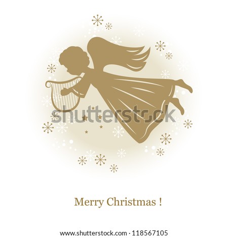 Little cute flying angel with harp . Hand drawing illustration - stock vector