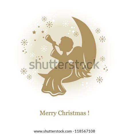 Little cute angel with flute on a moon. Hand drawing illustration - stock vector