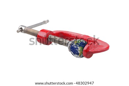 The globe in a clamp. Isolated on a white background. Source from globe: http://visibleearth.nasa.gov/