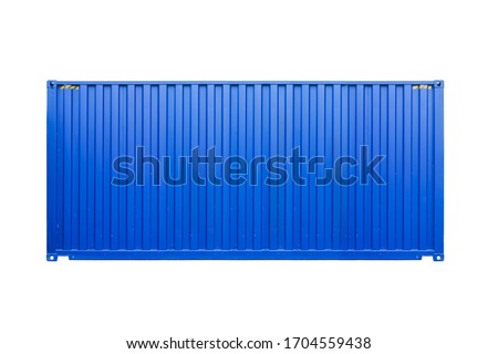 Standard blue cargo container isolated on white background, side view. Modern industrial shipping equipment