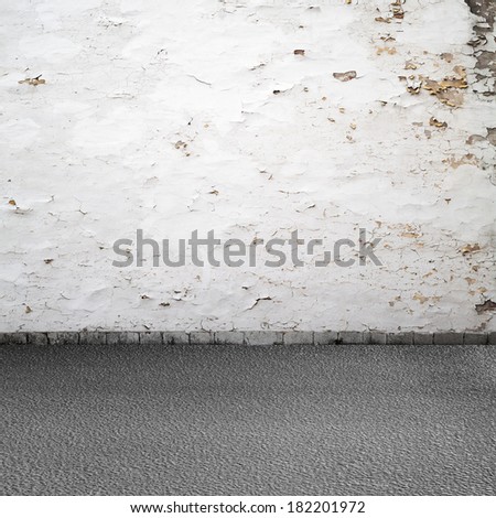 Empty grunge urban interior background. Old white wall and asphalt