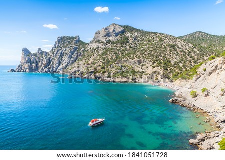 Cape Kapchik, Crimean landscape. Black Sea coast at sunny summer day, Novyi Svit, Sudak Municipality, Crimea Zdjęcia stock © 
