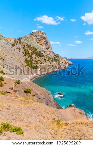 Summer Crimean landscape. Golitsyn trail at rocky Black Sea coast on a sunny day, Novyi Svit, Sudak Municipality, Crimea Zdjęcia stock © 