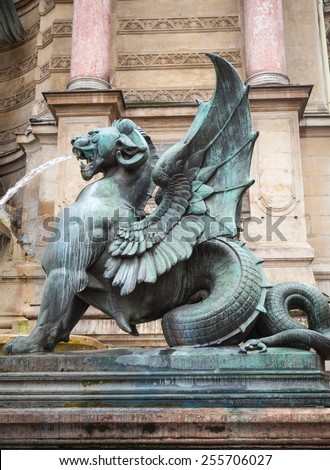 Winged lion, Fontaine Saint-Michel, Paris, France. Popular historical landmark