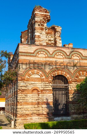 Ruined Church of Christ Pantokrator, in old historical Nesebar town, Bulgaria. Vertical photo