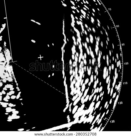 Closeup detailed fragment of ships navigation radar screen, macro photo with selective focus and visible pixels pattern
