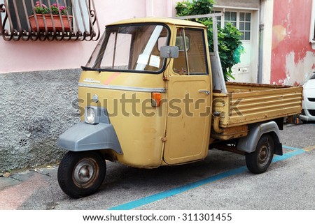 Gaeta, Italy - August 21, 2015: P 501 Ape Car is a three-wheeled light commercial vehicle produced since 1948 by Piaggio