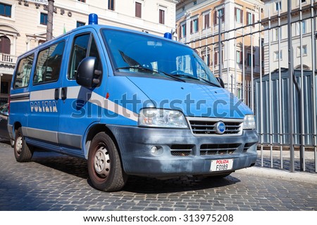 Rome, Italy - August 08, 2015: Blue Fiat Ducato van as a police car in Rome