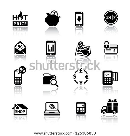 Shopping Icons. Set symbols black with reflection. Vector web design elements