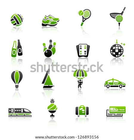 Recreation, Vacation & Travel, icons set. Sport, Tourism with reflection