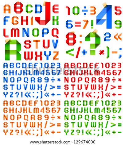 Font folded from colored paper - Arabic numerals and Roman alphabet. (A, B, C, D, E, F, G, H, I, J, K, L, M, N, O, P, Q, R, S, T, U, V, W, X, Y, Z, 0, 1, 2, 3, 4, 5, 6, 7, 8, 9).