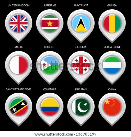 Map marker with flag-set fourth. In this set icons, I drawed these flags: Saint Kitts and Nevis, Suriname, Pakistan, Saint lucia, Djibouti, Georgia, United Kingdom, Colombia, China, Guinea, Malta