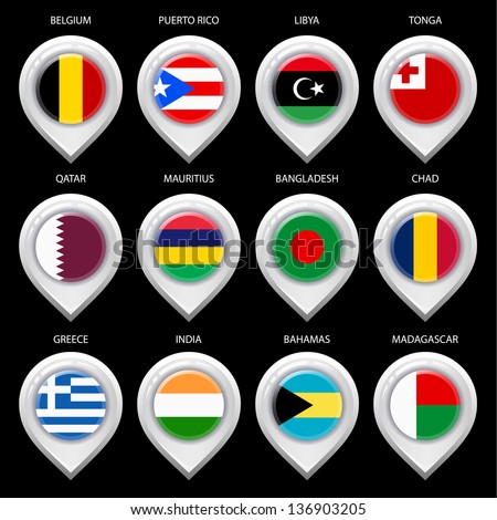 Map marker with flag-set ninth. In this set icons, I drawed these flags: Madagascar, Tonga, Libya, Greece, Bangladesh, Mauritius, Qatar, Puerto rico, Chad, Belgium, Bahamas, India