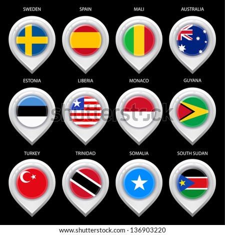 Map marker with flag-set third. In this set icons, I drawed these flags: Trinidad, Guyana, South Sudan, Liberia, Australia, Spain, Monaco, Somalia, Turkey, Mali, Sweden, Estonia