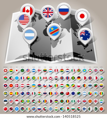 Map world with 108 flags. Vector illustration 10eps