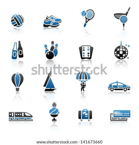 Vacation, Travel & Recreation, icons set. Tourism, Sport with reflection. Vector version (eps) also available in gallery