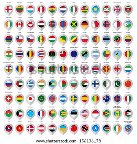 Map gray marker with flags. Country: European union, Argentina, Finland, Denmark, France, Austria, Switzerland, Greece, India, China, United Kingdom, Sweden, Usa, Italy, Ireland and many other. 108pcs