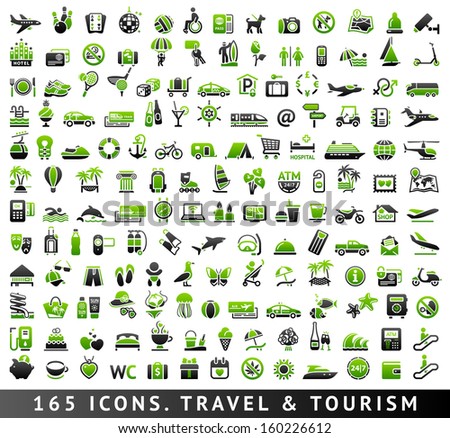 165 bicolor (green and gray) icons. Travel and Tourism, vector illustrations