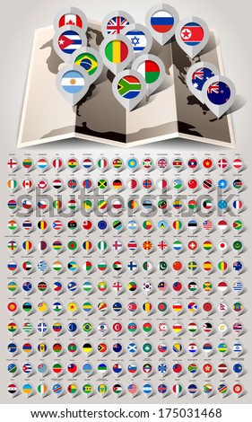 Map world 192 markers with flags. Vector illustration