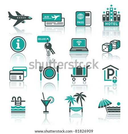 Vacation, Recreation & Travel. icons set. Tourism, Sport with reflection.