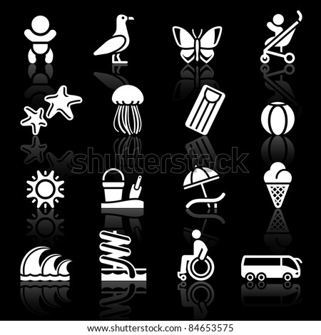 Recreation, Vacation & Travel, icons set. Tourism, Sport with reflection.